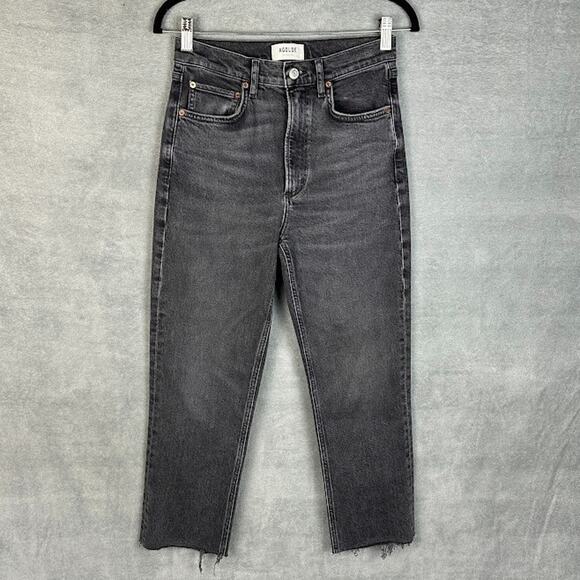 Agolde Jeans Womens 26 Black High Rise Stovepipe Stretch Pockets Raw Hem - Picture 1 of 12
